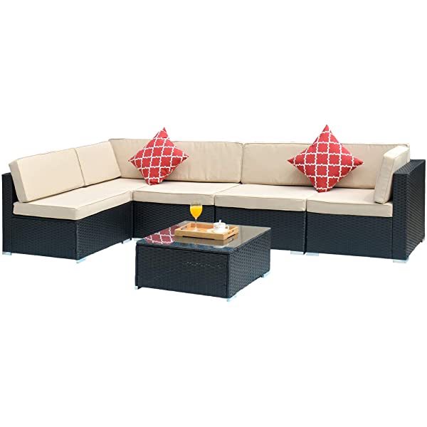 AWQM 5 Pieces Patio Furniture Sets All Weather Outdoor Sectional Sofa Manual Weaving Wicker Rattan Patio Conversation Set with Cushion and Glass Table, Brown 5 Piece Patio Furniture Sets