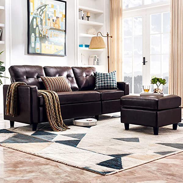HONBAY Convertible Sectional Sofa Couch, L Shaped Sofa Couch with Faux Leather Sectional for Small Apartment Brown