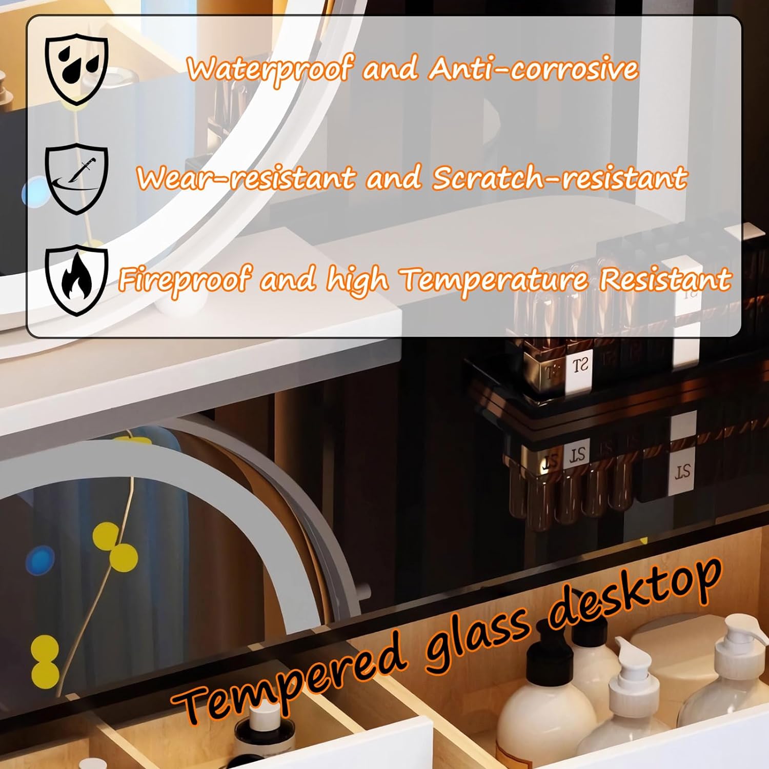 GOOCOO Dressing Table - Makeup Vanity Desk with Wireless Charging Station and Bluetooth Speaker - Vanity Set Contains Makeup Mirror, 5 Drawers and Makeup Stool for Bedroom