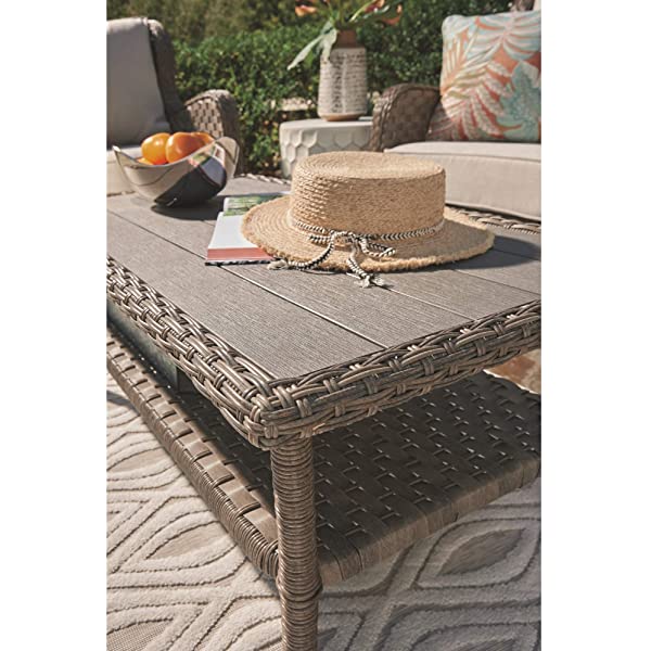 Signature Design by Ashley Clear Ridge Outdoor Wicker Coffee Table with Rust Free Aluminum Base, Light Brown