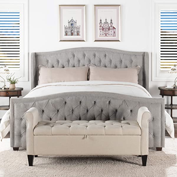 Jennifer Taylor Home Marcella Collection Queen Wingback Tufted Hand-Applied Nail Heads Upholstered Bed, Antique White Antique White Queen
