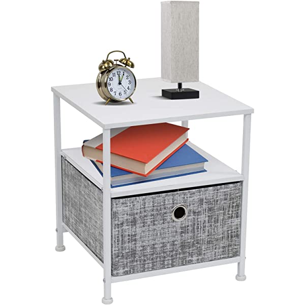 Sorbus Nightstand 1-Drawer Shelf Storage- Bedside Furniture & Accent End Table Chest for Home, Bedroom, Office, College Dorm, Steel Frame, Wood Top, Easy Pull Fabric Bins (Rustic Wood)