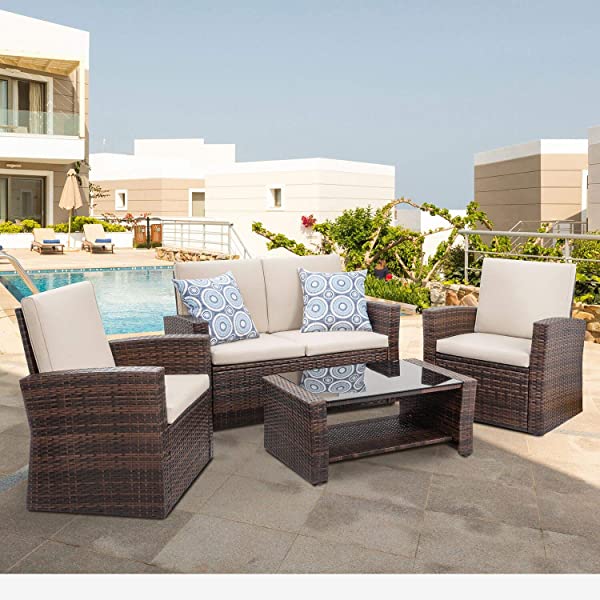 Shintenchi 4-Piece Outdoor Patio Furniture Set, Wicker Rattan Sectional Sofa Couch with Glass Coffee Table | Black
