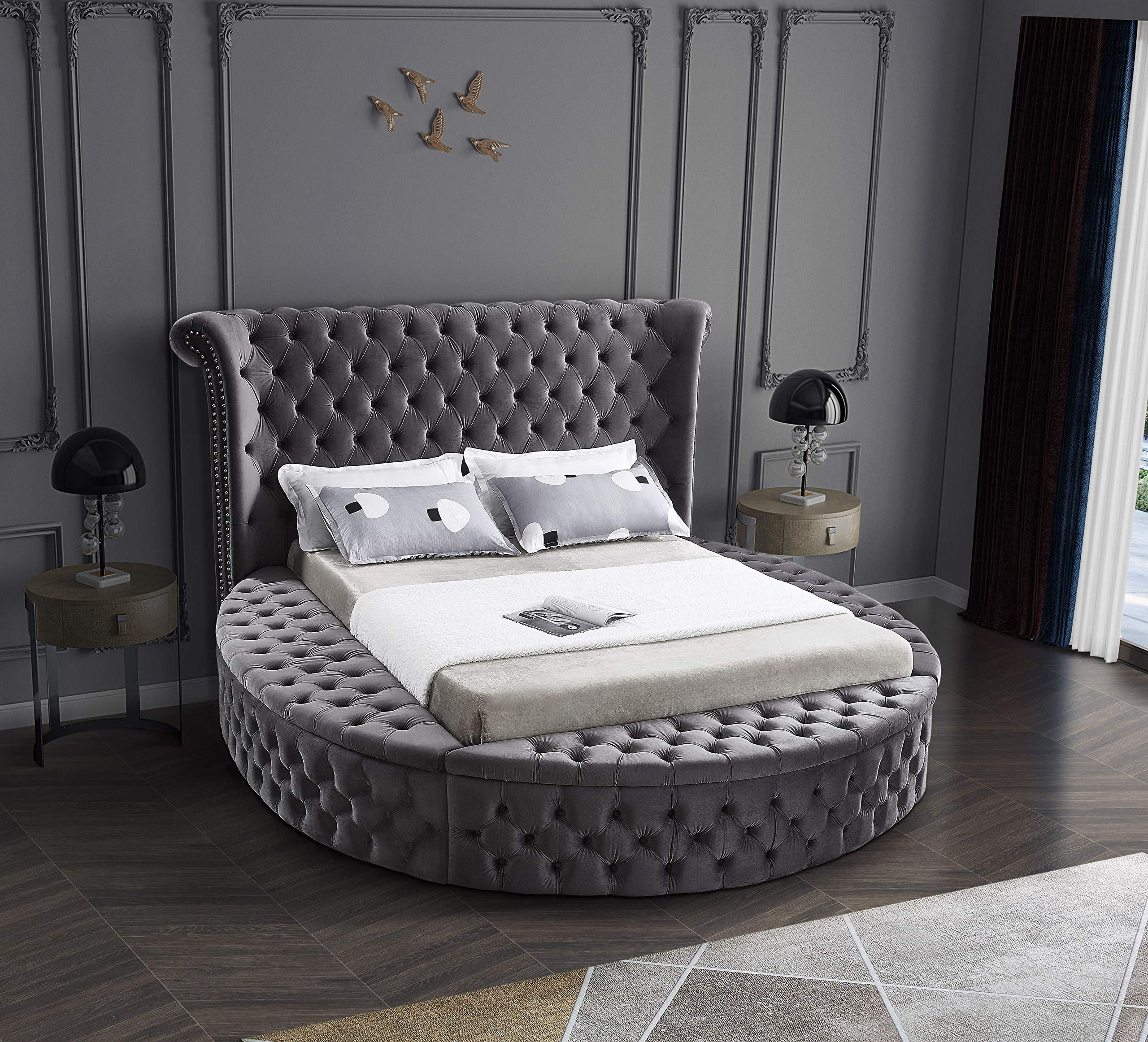 【Furniture】Contemporary Round Shaped Velvet Upholstered Bed with Deep Button Tufting & Footboard Storage, King