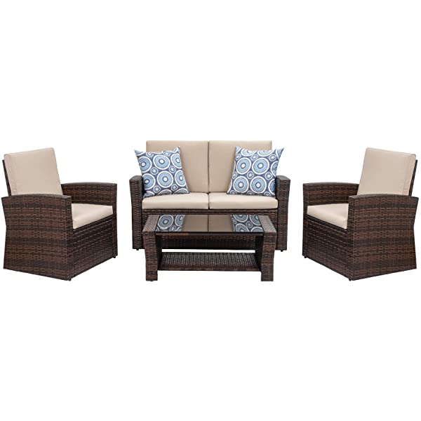 Shintenchi 4-Piece Outdoor Patio Furniture Set, Wicker Rattan Sectional Sofa Couch with Glass Coffee Table | Black