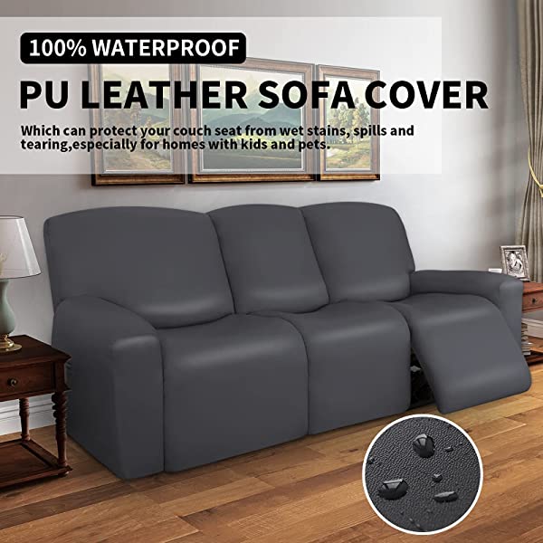 Easy-Going PU Leather Recliner Sofa Slipcovers, Waterproof Stretch Sofa Covers, 8 Pieces Stretch Furniture Protector, Elastic Strap Shield Pets Kids Children Cats Dogs Beige