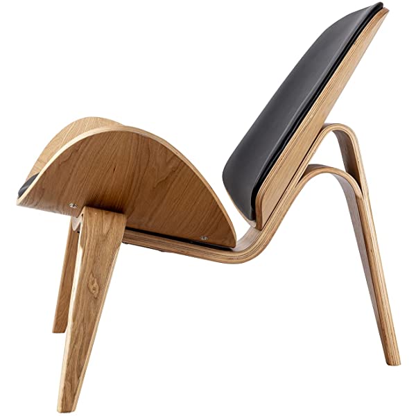 Rimdoc Three-Legged Shell Chair Mid Century Modern Lounge Chair with Black Leather Molded Plywood Accent Chair Reading Side Chair for Bedroom, Study, Office, Living Room (Black Walnut Wood)