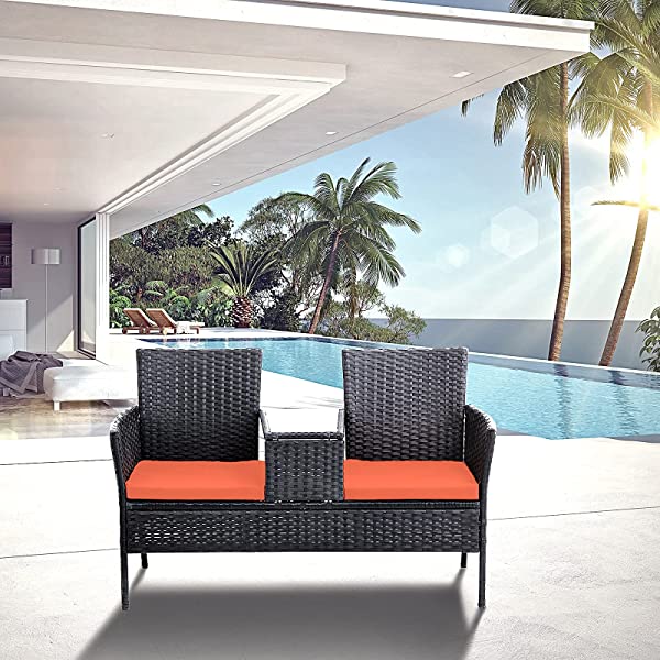Outdoor Patio Loveseats, Patio Conversation Set with Cushions and Table, Wicker Sofa Set with Built-in Coffee Table, Tempered Glass Top, Modern Rattan Sofas for Garden Lawn Backyard Beige
