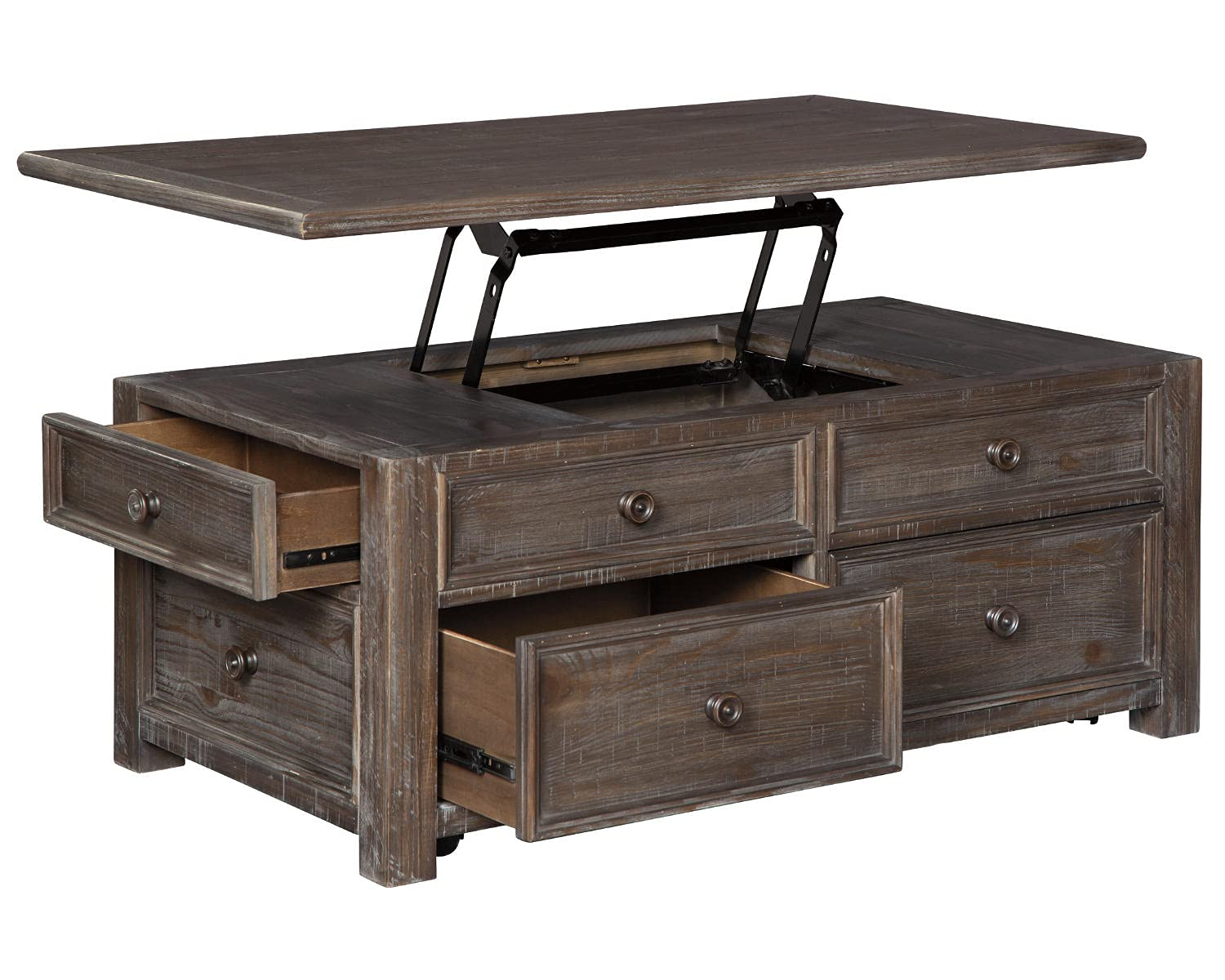 【Furniture】Rustic Rectangular Lift Top Coffee Table with 4 Storage Drawers, Dark Brown with Distressed Finish