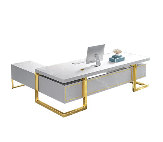 L-Shaped Modern Office Executive Desk of Right Hand with Storage in White & Gold