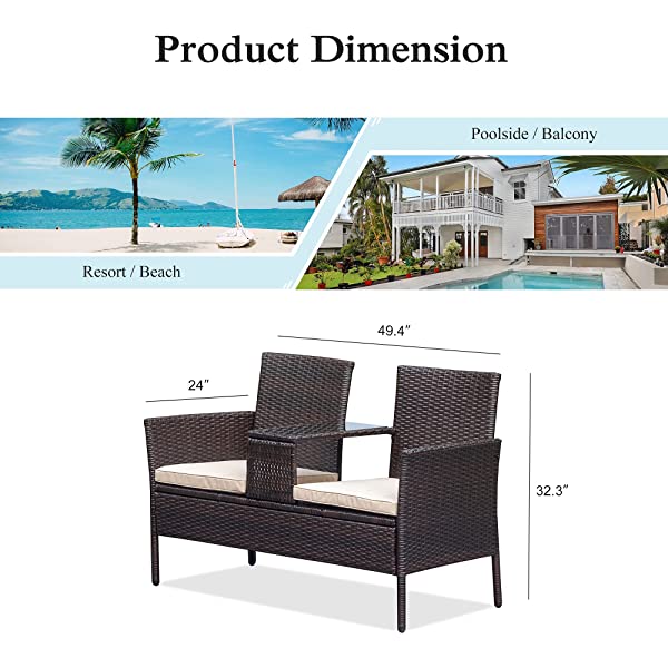 M&W Outdoor Patio Furniture, Wicker Loveseat with Glass Table for Balcony, PE Rattan Bistro Set for Lawn, Garden, Backyard (Throw Pillow NOT Included)