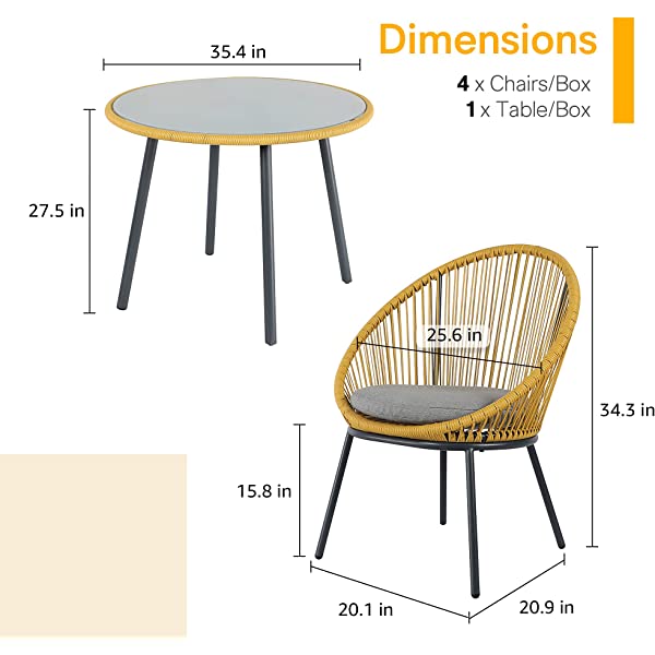 OC Orange-Casual 5 Pieces Patio Conversation Set, Outdoor Furniture Set, All-Weather Wicker Chairs with Round Glass Top Table and 4 Chairs, for Garden,Backyard, Indoor Outdoor Use, Yellow