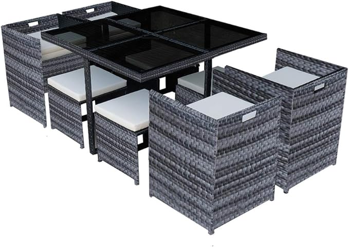 Panana 8 Seater Rattan Garden Furniture Set Dining Table and Chairs Stools Set Outdoor Patio and Conservatory Mixed Grey with Beige Cushion