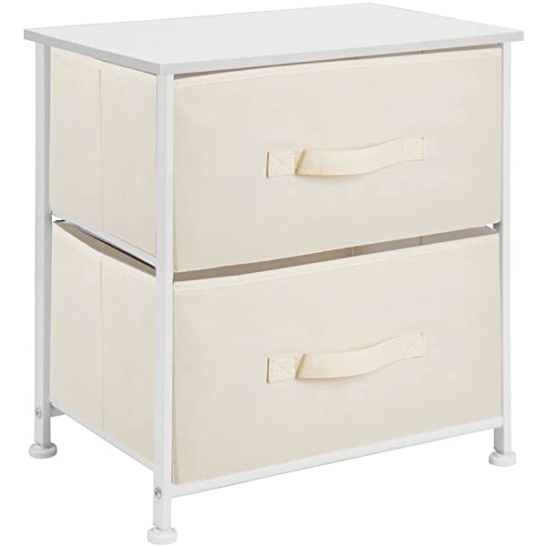 mDesign Storage Dresser End/Side Table Night Stand Furniture Unit - Small Standing Organizer for Bedroom, Office, Living Room, and Closet - 2 Drawer Removable Fabric Bins - Gray/White Grey