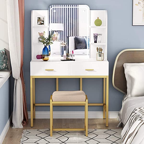 Vanity Set with LED Lighted Mirror and Cushioned Stool, Large Vanity Table Dressing Table Desk with Storage Shelves and 2 Drawers for Bedroom (Gold/w Lights)