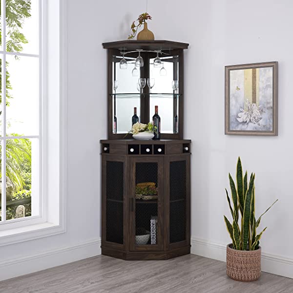 Home Source Stone Grey Corner Bar Unit with Built-in Wine Rack and Lower Cabinet