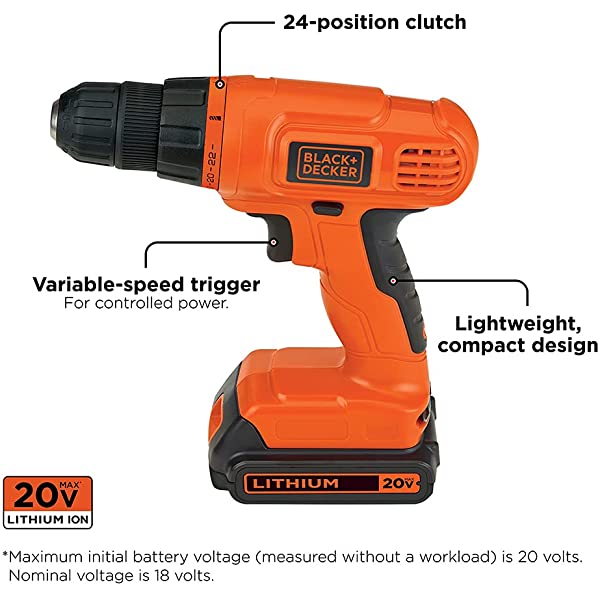 BLACK+DECKER 20V MAX Drill & Home Tool Kit, 34 Piece (BDCD120VA) , Orange Drill Project Kit