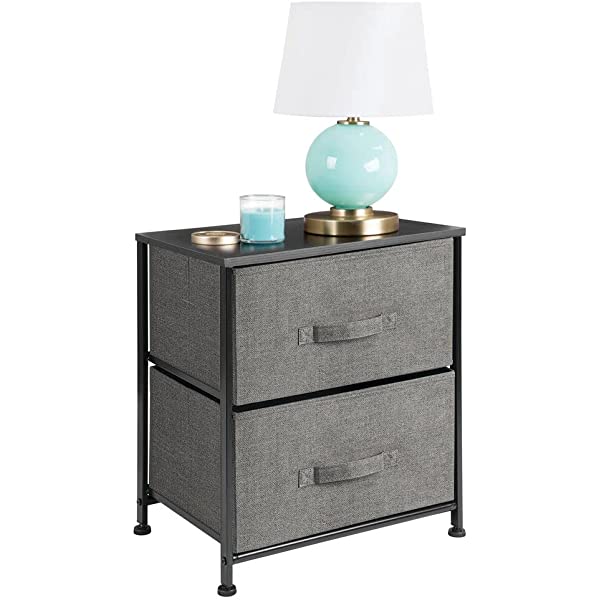 mDesign Storage Dresser End/Side Table Night Stand Furniture Unit - Small Standing Organizer for Bedroom, Office, Living Room, and Closet - 2 Drawer Removable Fabric Bins - Gray/White Grey