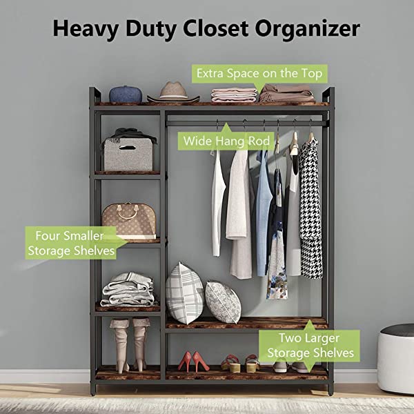 LITTLE TREE Free-Standing Closet Organizer, Heavy Duty Clothes Closet, Portable Garment Rack with 6 Shelves and Hanging Rod, Black Metal Frame&Rustic Board Finish Vingte &Black