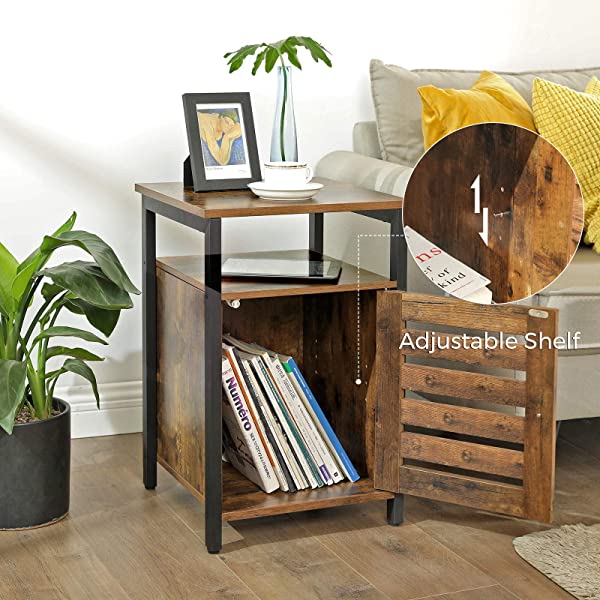 VASAGLE Nightstand, End Table with Open Shelf, Steel Frame, Bedroom, Industrial, Rustic Brown + Black
