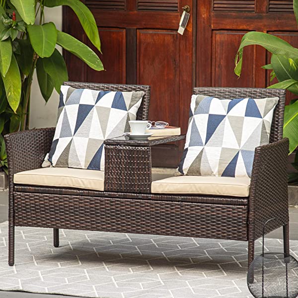 M&W Outdoor Patio Furniture, Wicker Loveseat with Glass Table for Balcony, PE Rattan Bistro Set for Lawn, Garden, Backyard (Throw Pillow NOT Included)