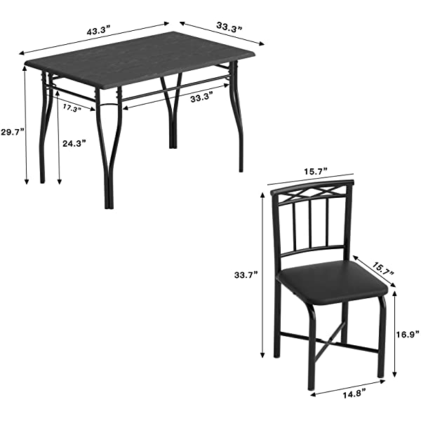 5 Piece Dining Table Set for Dining Room, Kitchen Table and Faux Leather Chairs for 4, Metal Legs, Padded Seat, Black Home Furniture