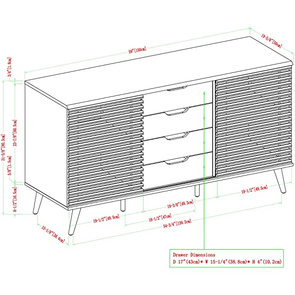 Walker Edison Modern 4 Drawer Sliding Door Wood Cabinet Buffet Entryway Serving Storage Cabinet Doors Dining Room Console, 59 Inch, Black and Dark Walnut