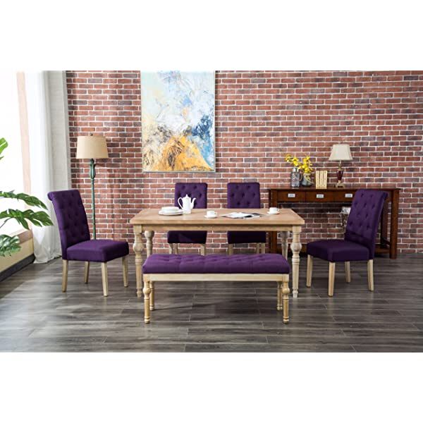 Roundhill Furniture Habitanian 6-Piece White Wash Dining Set with Tufted Chairs and Bench, Beige