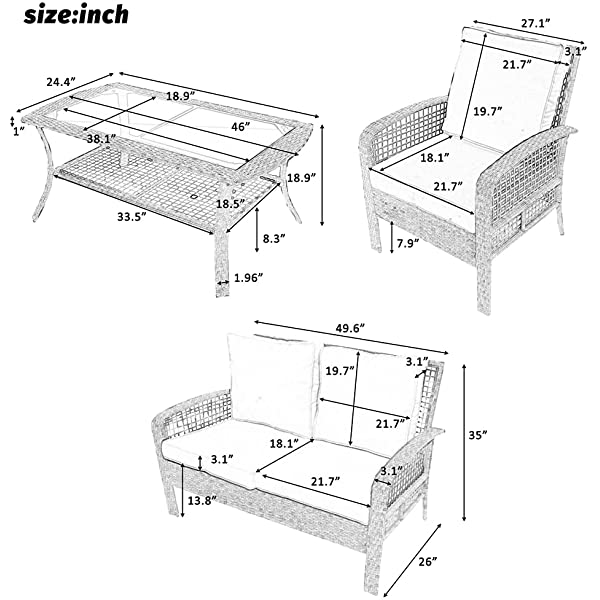 4 Pieces Outdoor Patio Furniture Set Wicker Rattan Cushioned Sectional Sofa Sets with Armchairs and Tempered Glass Table with Storage Shelf (Gray) Grey