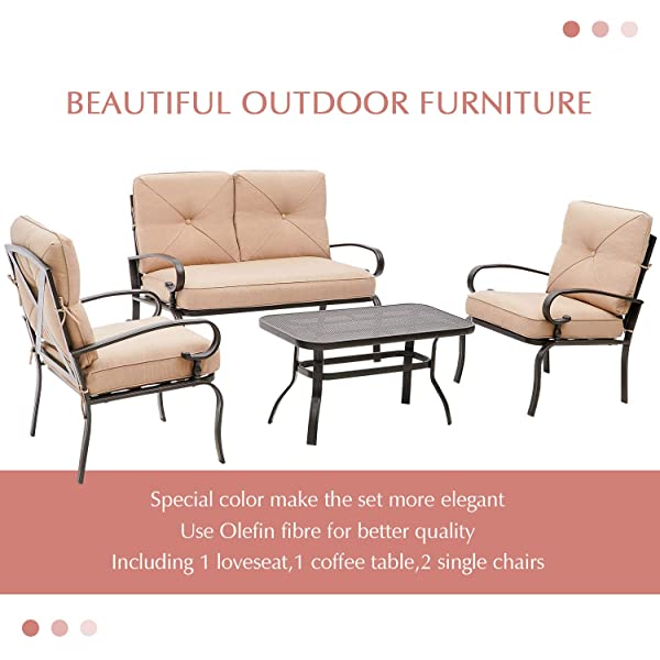 Oakmont Outdoor Furniture Patio Conversation Set Loveseat, 2 Chairs, Coffee Table with Cushion, Lawn Front Porch Garden, Metal Chair Set Wrought Iron Look (Red)