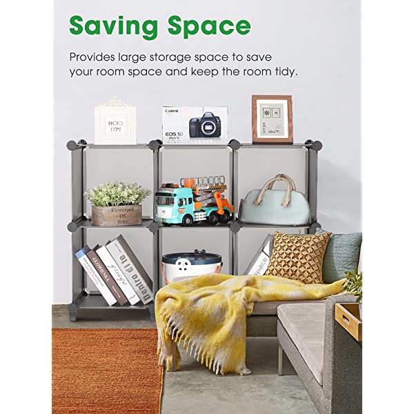 Puroma Cube Storage Organizer 6-Cube Closet Storage Shelves with Wooden Mallet DIY Closet Cabinet Bookshelf Plastic Square Organizer Shelving for Home, Office, Bedroom - Black Black Medium