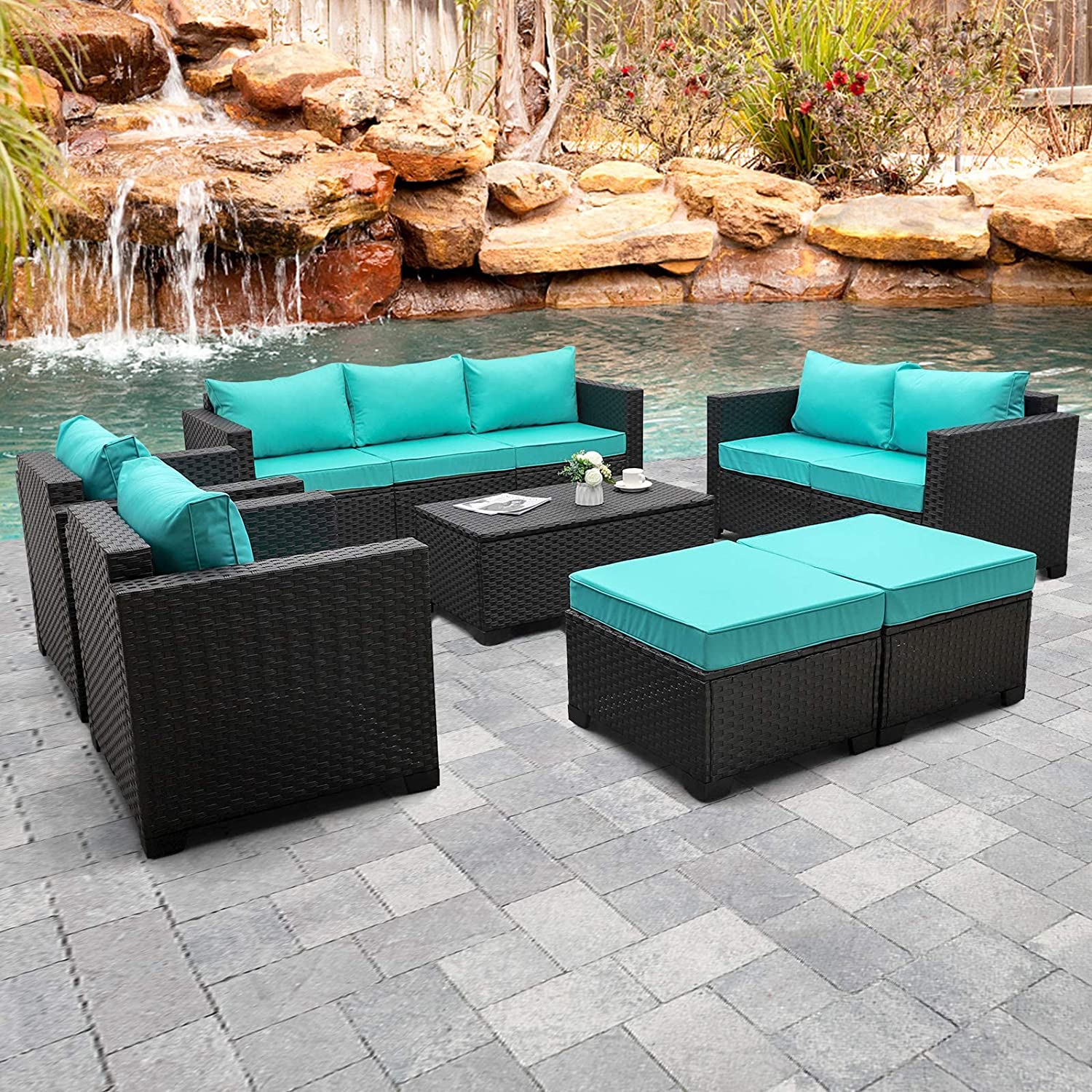 【Furniture】Patio Wicker Furniture Set 7 Pcs Outdoor PE Rattan Conversation Couch Sectional Chair Sofa Set