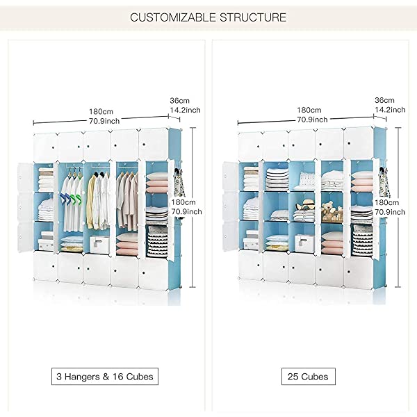 YOZO Cube Storage Organzier Portable Closet Wardrobe Bedroom Dresser (71x14x71 inches) Portable Closet Cube Shelf Armoire Pantry Cabinet, 25 Cubes, Blue 25Cubes Blue