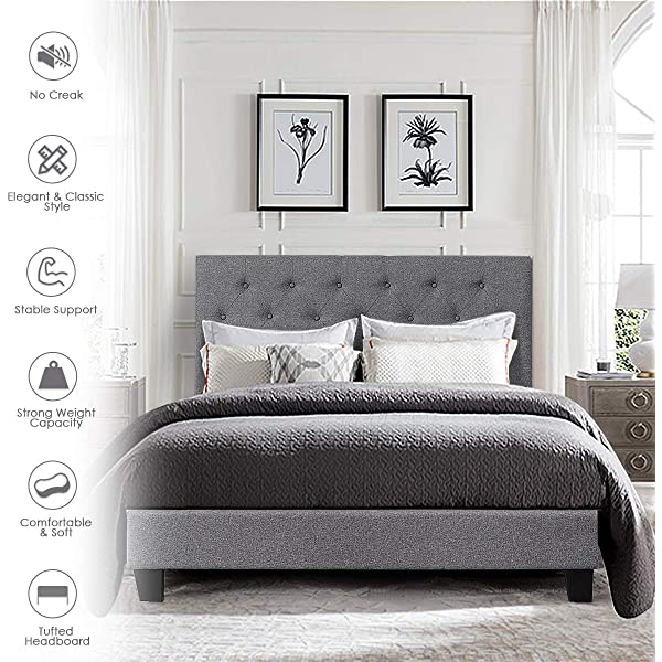 Giantex Shalini Upholstered Panel Platform Bed, Diamond Stitched Linen Panel Headboard, Metal Frame & 12 Strong Wooden Slat Support, Easy Assembly, Bed Mattress Foundation (Queen)