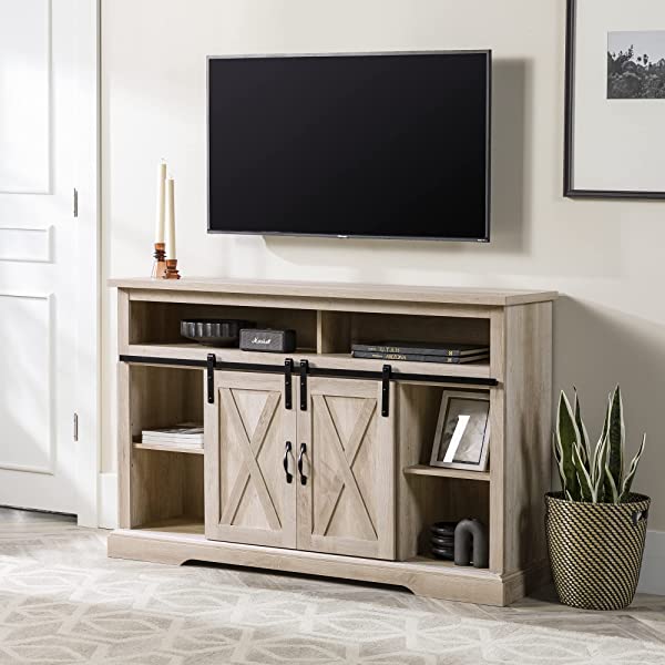 Walker Edison Richmond modern farmhouse sliding barn door TV stand for up to 52 inches, white and rustic oak white without fireplace 52 inches TV