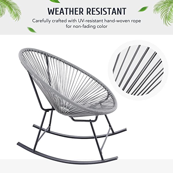 VONLUCE 3 Piece Outdoor Acapulco Bistro Set, Patio Furniture Set with Glass Top Table and 2 Rocking Chairs with Hand-Woven Rope, All Weather 3pc Conversation Set for Balcony and Patio Décor, Black