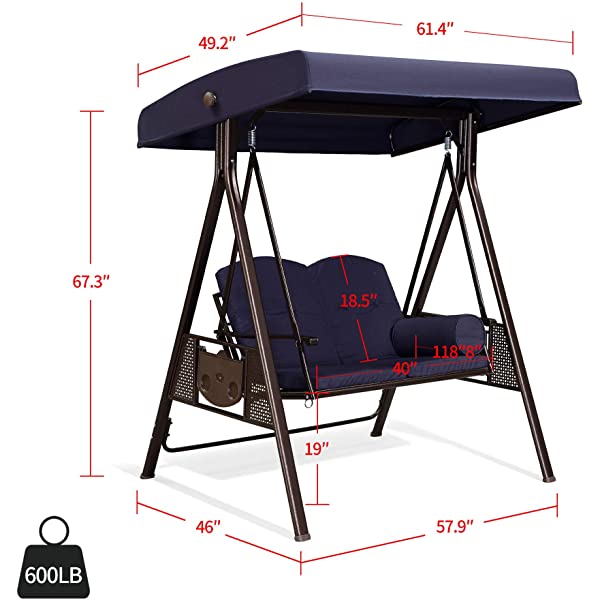 PURPLE LEAF 3-Seat Deluxe Outdoor Patio Porch Swing with Weather Resistant Steel Frame, Adjustable Tilt Canopy, Cushions and Pillow Included, Beige 74.4