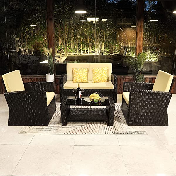 YITAHOME 4 Pieces Outdoor Furniture Sofa Set, PE Rattan Wicker Sectional Furniture Conversation Set with Cushions and Table for Porch Lawn Garden, Black