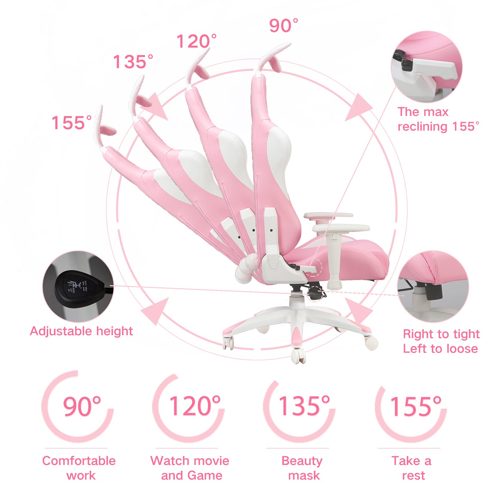 【Furniture】Racing Game Chair Autofull Adjustable Reclining Ergonomic Swivel PC in Pink