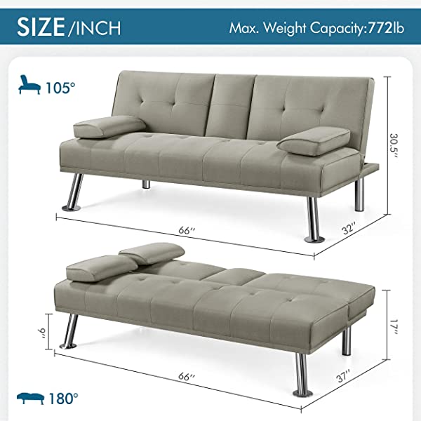 YAHEETECH Linen Fabric Modern Sofa Bed Sectional Couch Bed Folding Recliner Sleeper Reversible Loveseat Convertible Daybed, 2 Cup Holders, 3 Angles, 772lb Capacity, Removable Armrests, Dark Gray