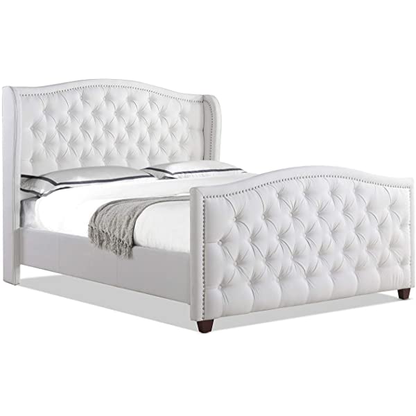 Jennifer Taylor Home Marcella Collection Queen Wingback Tufted Hand-Applied Nail Heads Upholstered Bed, Antique White Antique White Queen