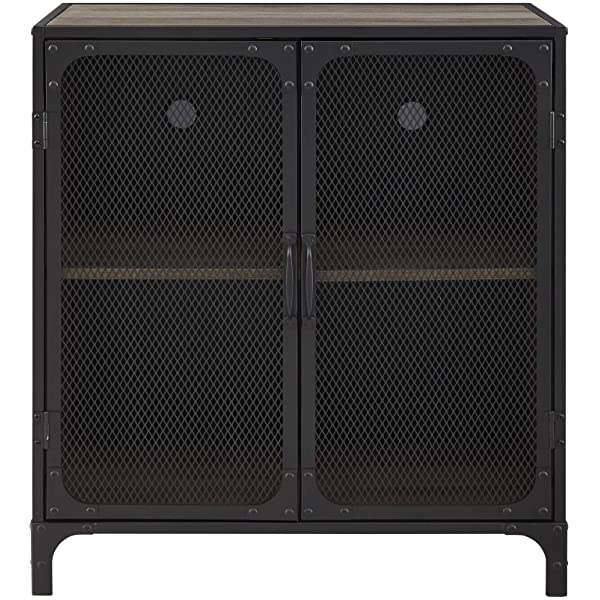 Walker Edison Malcomb Urban Industrial Metal Mesh Double Door Rolling Bar Cabinet, 33 Inch, Rustic Oak Rustic Oak 33 Inch