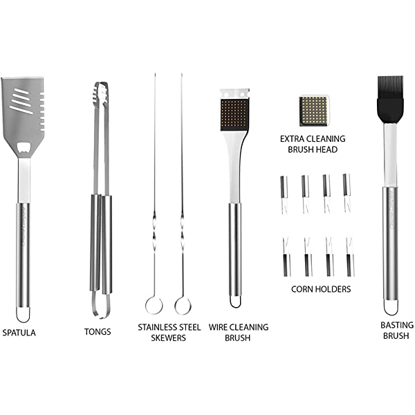 Home-Complete HC-1000 BBQ Accessories – 16PC Grill Set with Spatula, Tongs, Skewers, Case – Barbecue Tools for Father’s Day, Wedding, Anniversary, 16 Piece, Silver Steel 16-Piece