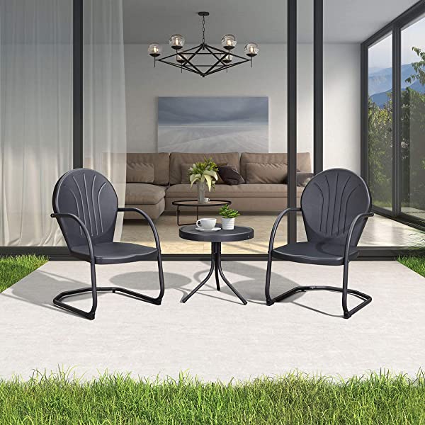 PURPLE LEAF Outdoor Patio Bistro Set, 3 Pieces Retro Porch Furniture Set 2 C-Spring Metal Outdoor Chairs and Round Side Table, Blue