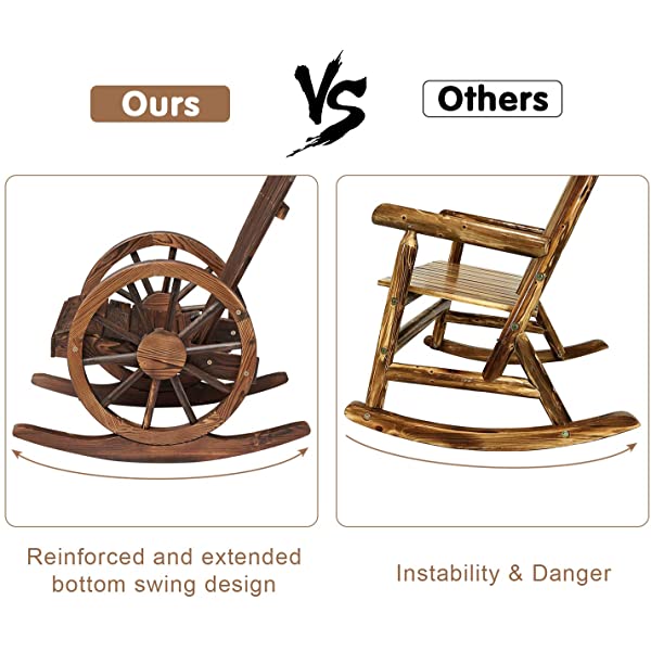 Kinsunny Rustic Wood Wagon Rocking Chair Outdoor Patio Lounge Rocker Set with Wheel Armrest for Garden, Country, Yard 1pc
