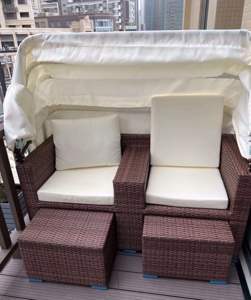 Rattan sofa outdoor sunshade double bed with canopy waterproof and sunscreen furniture
