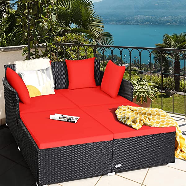 Salches Outdoor Rattan Daybed, Patio Loveseat Sofa Set w/Comfortable Cushions, Extra Pillows & Metal Foot, Sunbed Wicker Furniture for Yard/Poolside/Living Room/Garden/Porch (Red)