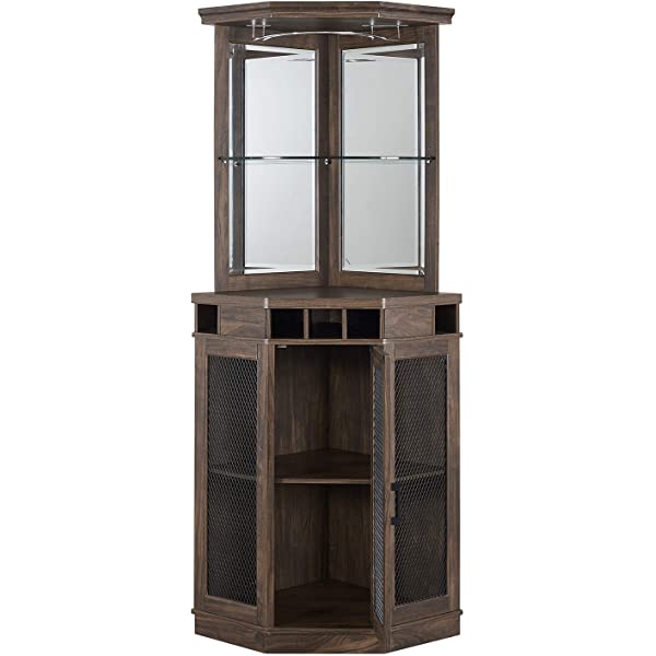 Home Source Stone Grey Corner Bar Unit with Built-in Wine Rack and Lower Cabinet