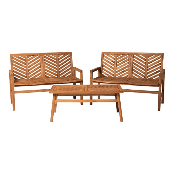 Walker Edison 5 Person Outdoor Wood Chevron Patio Furniture Dining Set Table Chairs Bench All Weather Backyard Conversation Garden Poolside Balcony, 4 Piece, Brown Brown 4 Piece Dining Set