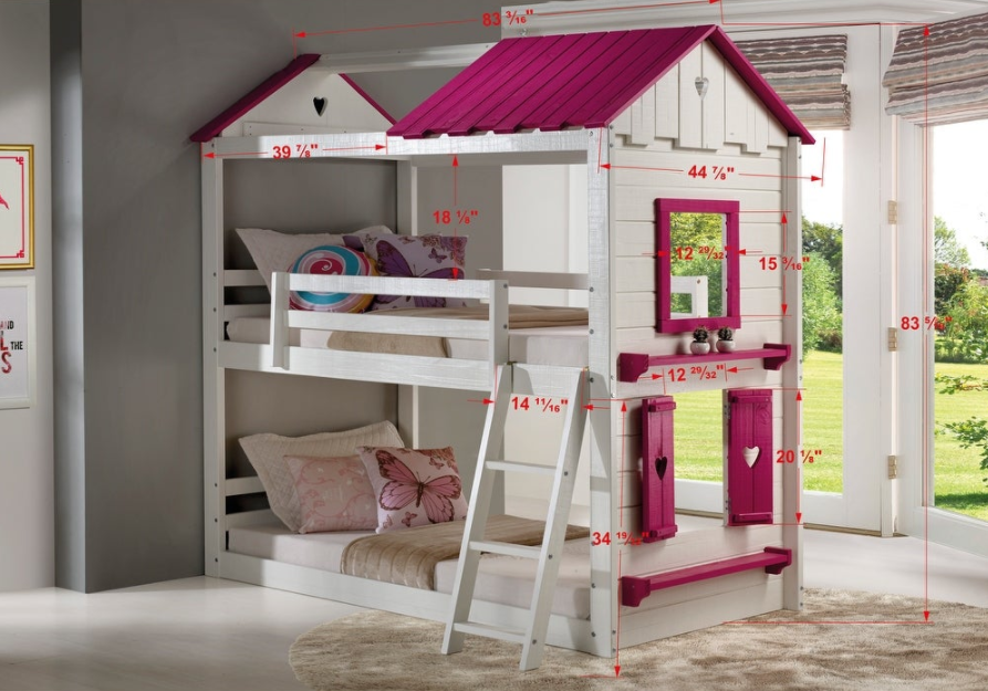 Sweetheart White and Pink Twin over Twin Bunk Bed with Tent